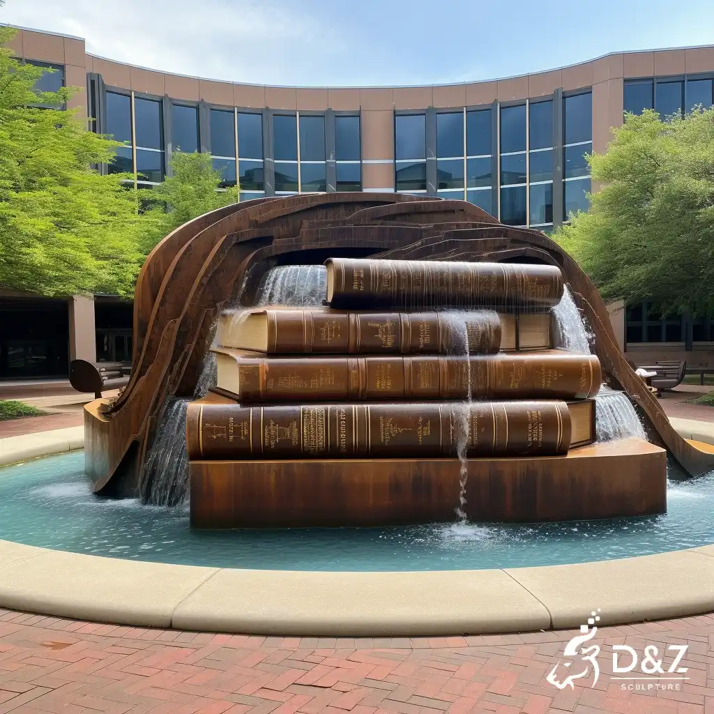 Large cast bronze book fountain, cast by lost-wax method, polished surface, outdoor decoration-6