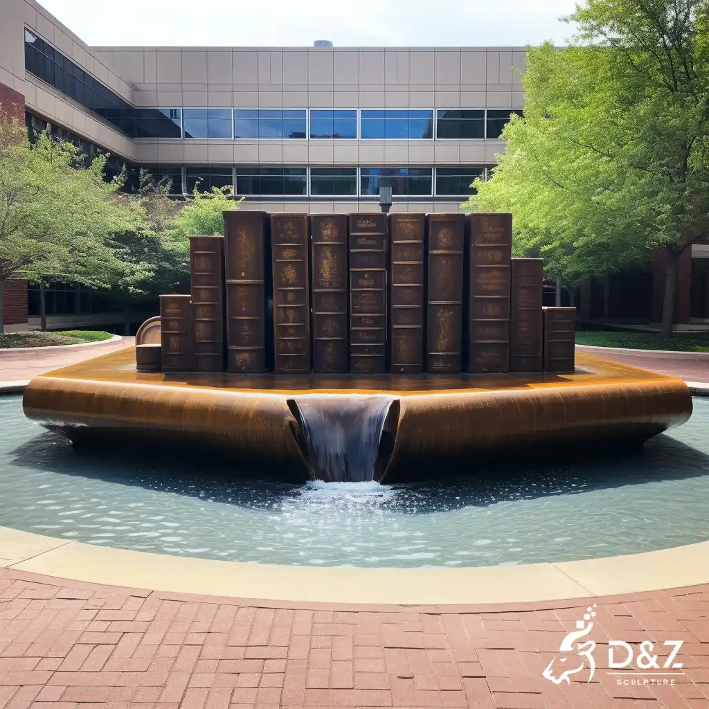Large cast bronze book fountain, cast by lost-wax method, polished surface, outdoor decoration-7