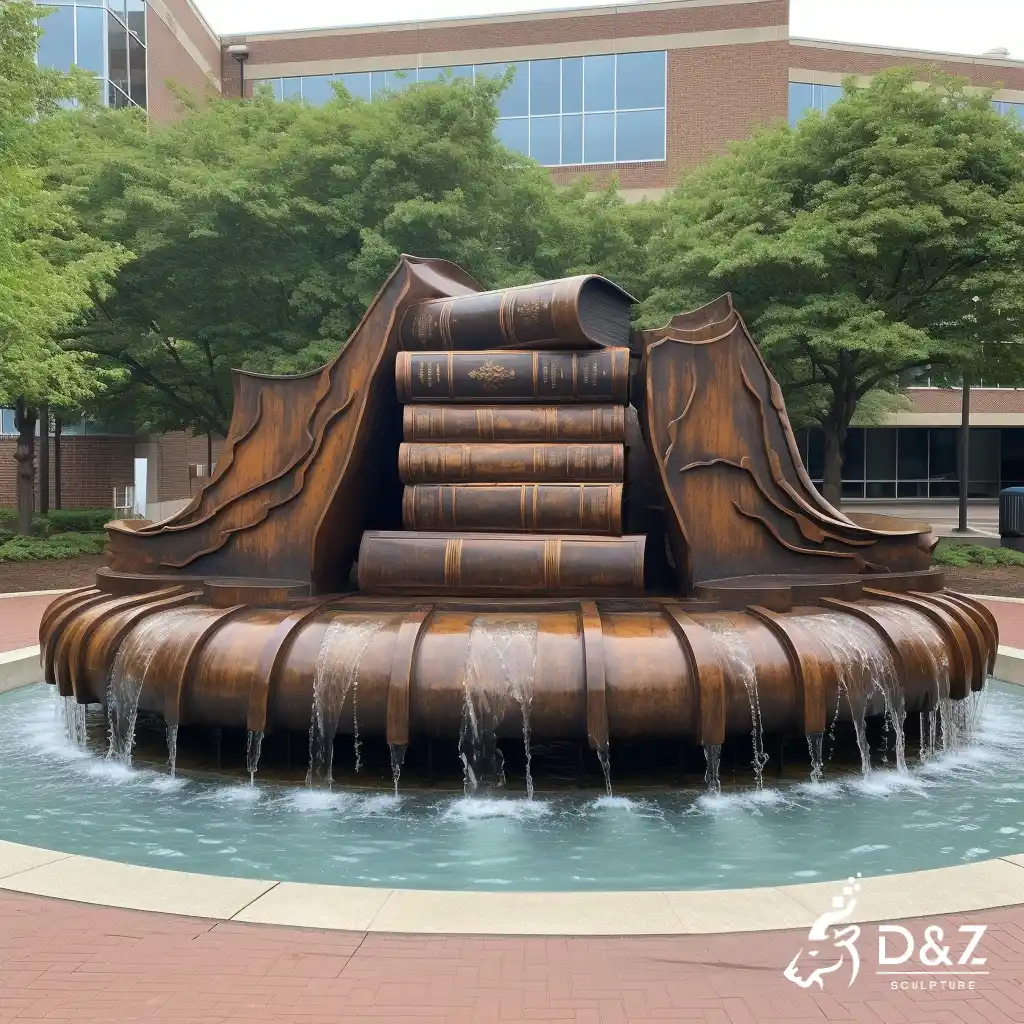 Large cast bronze book fountain, cast by lost-wax method, polished surface, outdoor decoration-9