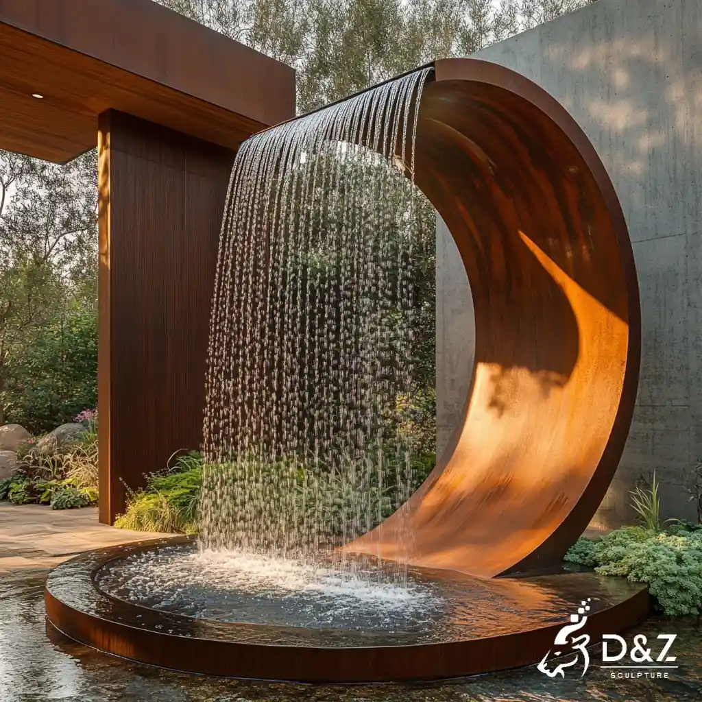 Weathering Curved Corten Steel Water Fountain for Sale DZN309 Corten steel water fountain, built from premium weathering steel, timeless finish, hotel, indoor and outdoor installation-4
