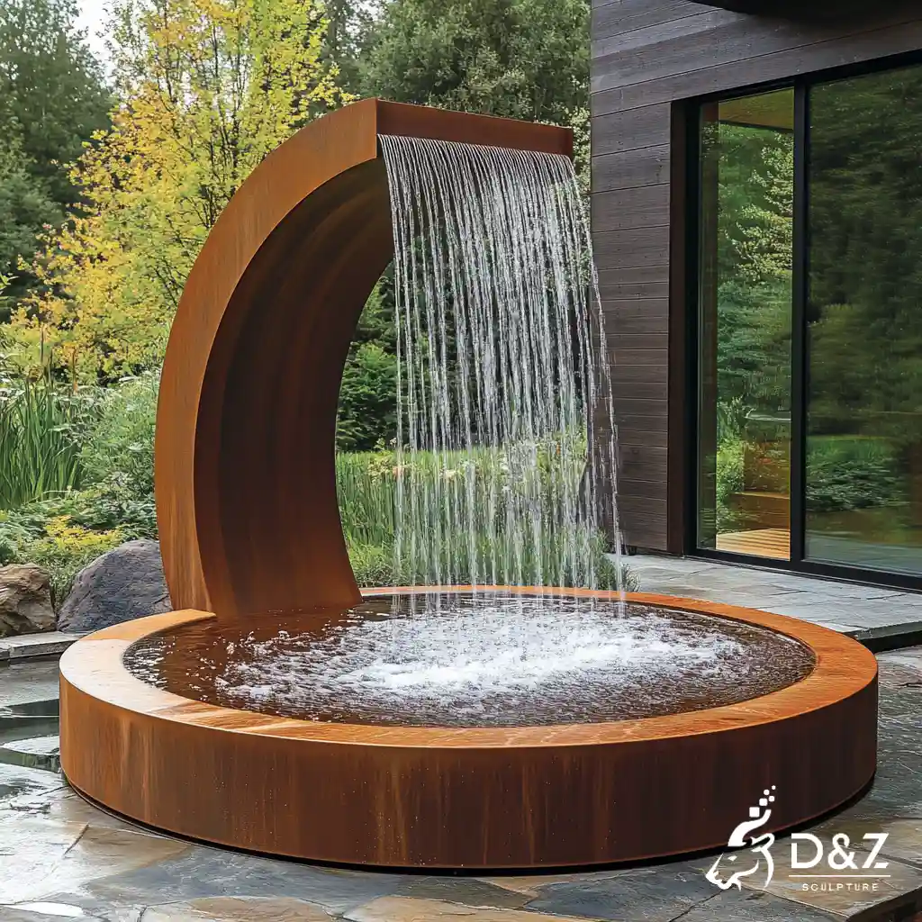 Corten steel water fountain, built from premium weathering steel, timeless finish, hotel, indoor and outdoor installation-5