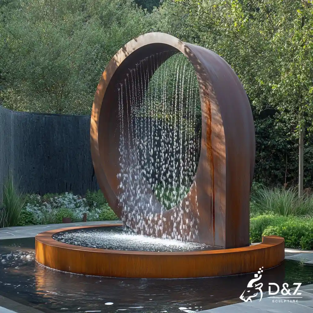 Weathering Curved Corten Steel Water Fountain for Sale DZN309 Corten steel water fountain, built from premium weathering steel, timeless finish, hotel, indoor and outdoor installation-6