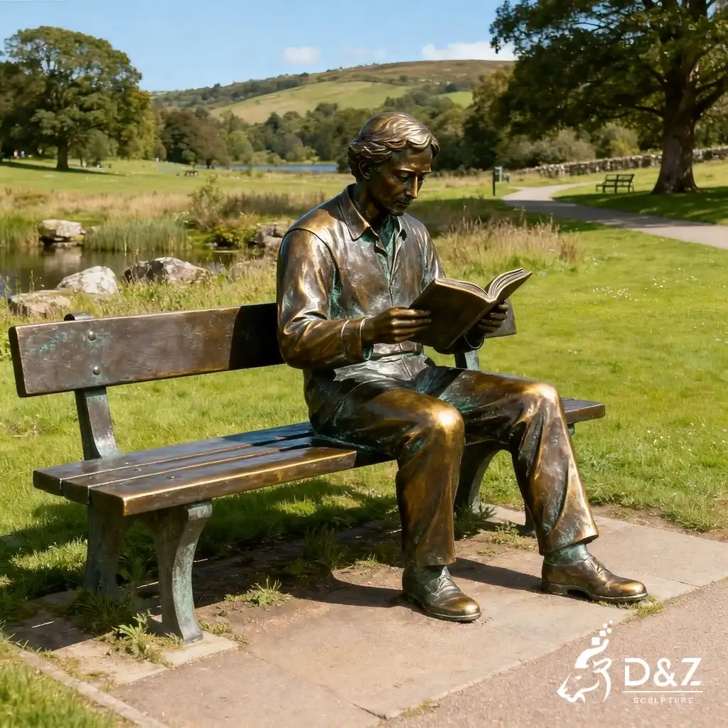 Bronze Reading Sitting Man on Bench Statue DZN300 Large bronze man on bench statue, cast by lost-wax method, polished surface, outdoor garden decoration-8