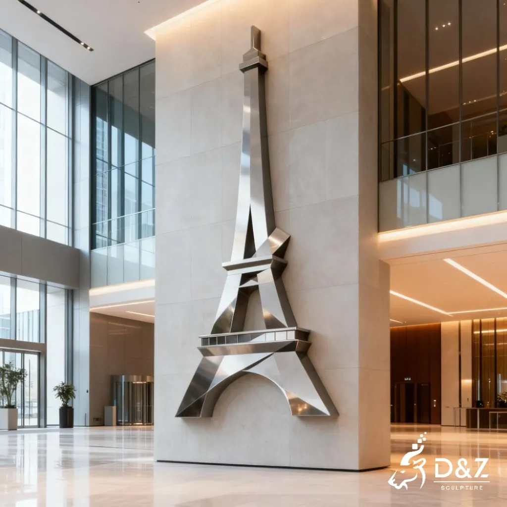 Modern Stainless Steel Eiffel Tower Wall Sculpture DZN342 11 Custom metal Eiffel Tower wall sculpture, crafted in stainless steel, mirror polished surface, outdoor and indoor spaces-2