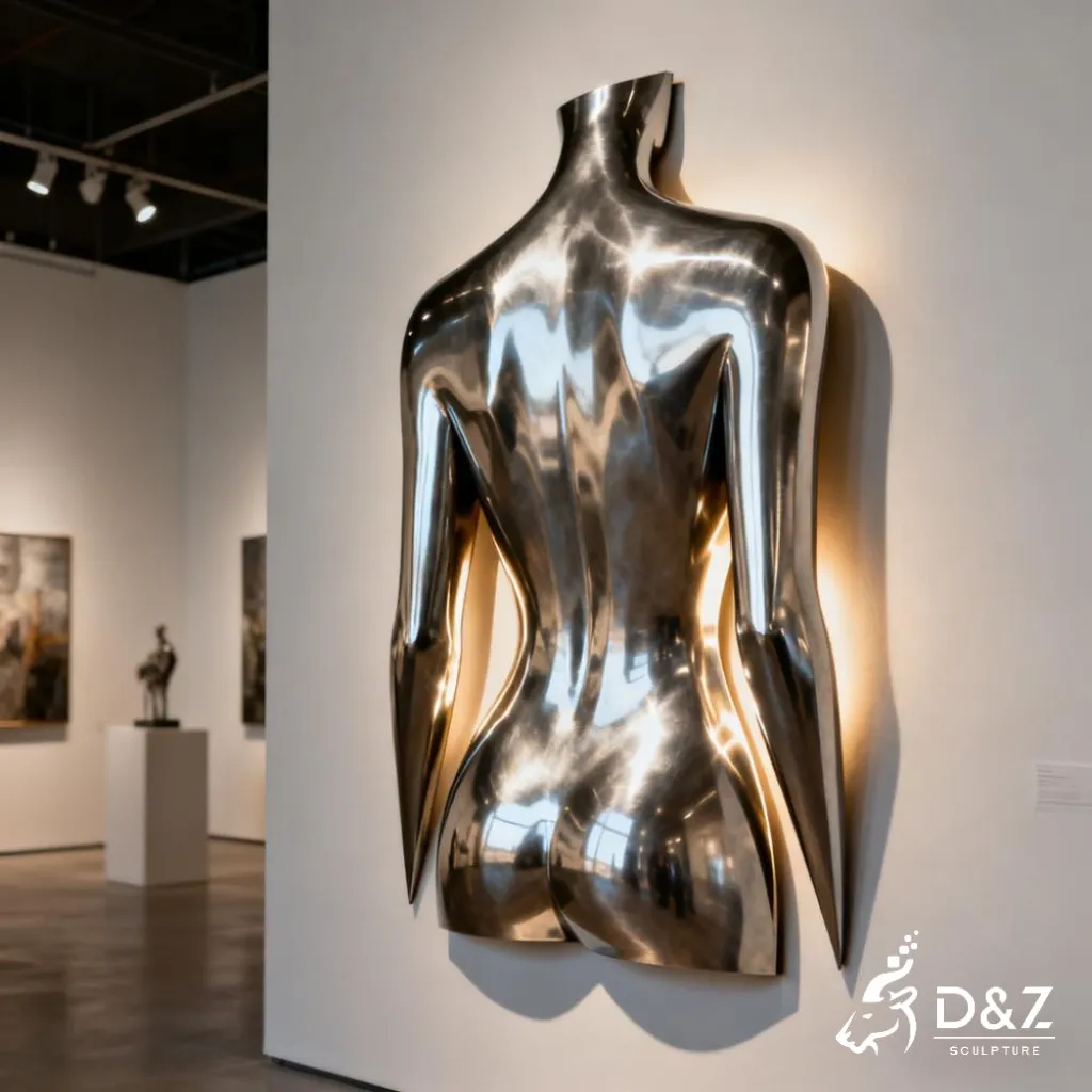 Modern Abstract Metal Female Torso Wall Sculpture DZN339 12 Custom metal female torso wall sculpture, crafted in stainless steel, mirror polished surface, outdoor and indoor spaces-4