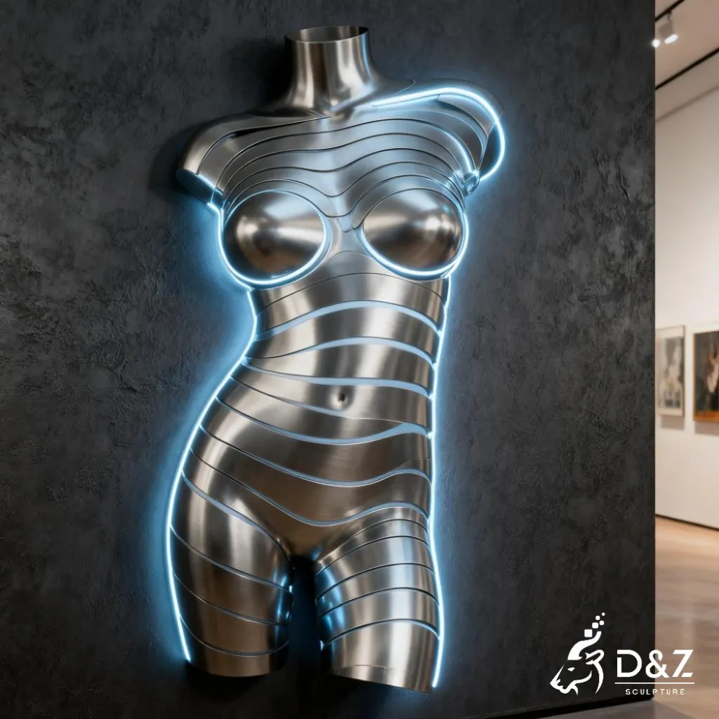 Modern Abstract Metal Female Torso Wall Sculpture DZN339 10 Custom metal female torso wall sculpture, crafted in stainless steel, mirror polished surface, outdoor and indoor spaces-5