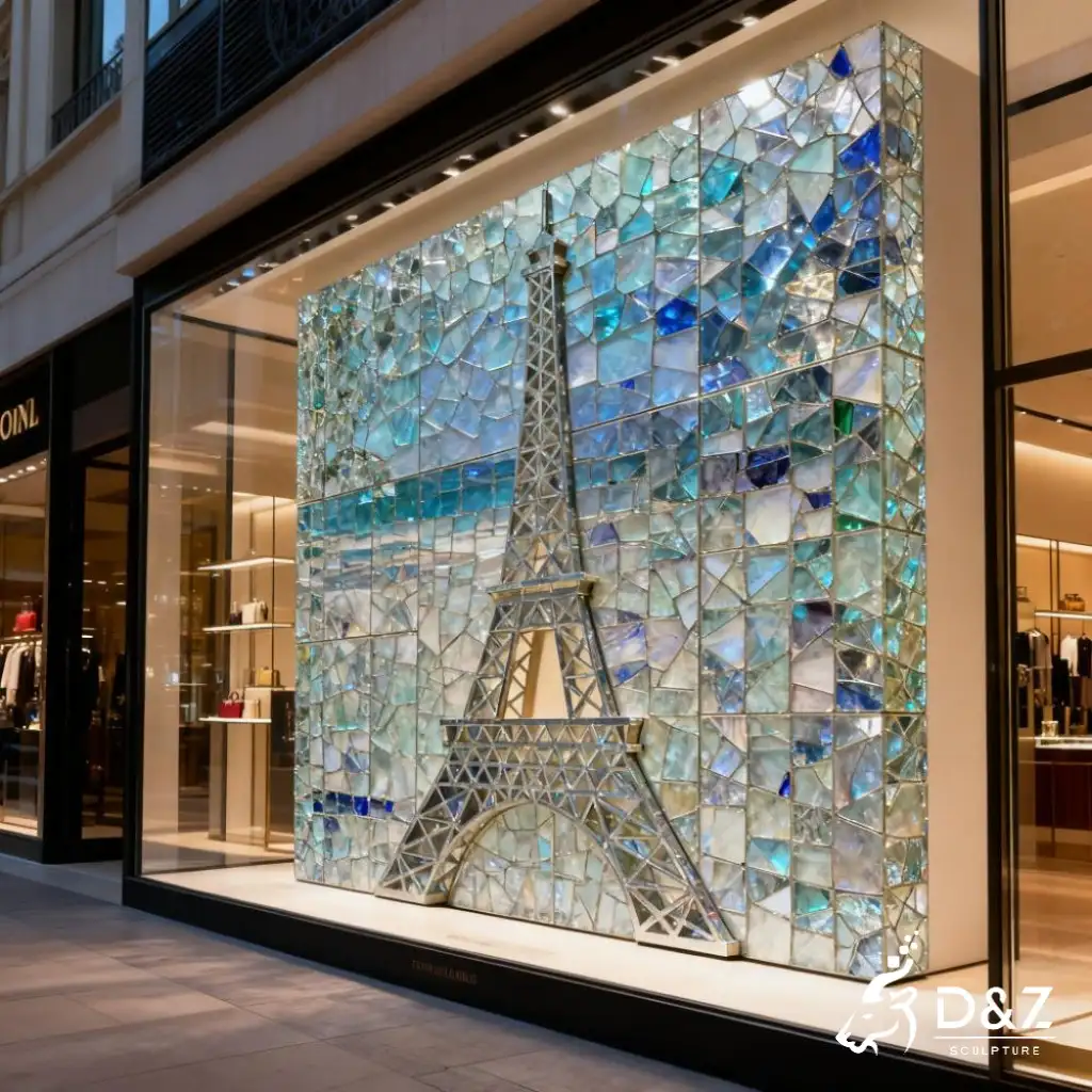 Modern Stainless Steel Eiffel Tower Wall Sculpture DZN342 14 Custom metal Eiffel Tower wall sculpture, crafted in stainless steel, mirror polished surface, outdoor and indoor spaces-7