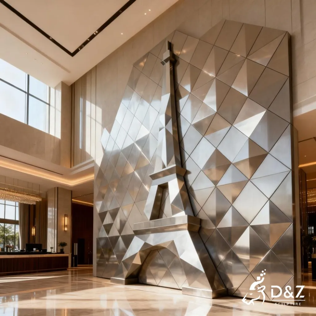 Modern Stainless Steel Eiffel Tower Wall Sculpture DZN342 15 Custom metal Eiffel Tower wall sculpture, crafted in stainless steel, mirror polished surface, outdoor and indoor spaces-8