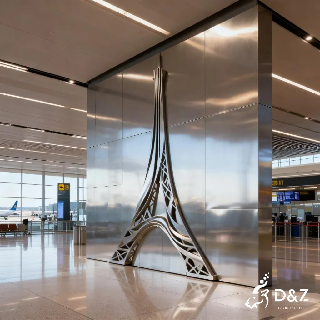 Modern Stainless Steel Eiffel Tower Wall Sculpture DZN342 16 Custom metal Eiffel Tower wall sculpture, crafted in stainless steel, mirror polished surface, outdoor and indoor spaces-9