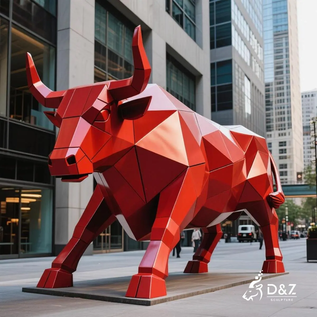 Custom wall street bull statue, metal geometric red bull statue, crafted in stainless steel, mirror polished surface, gardens, pools, plazas, or hotels