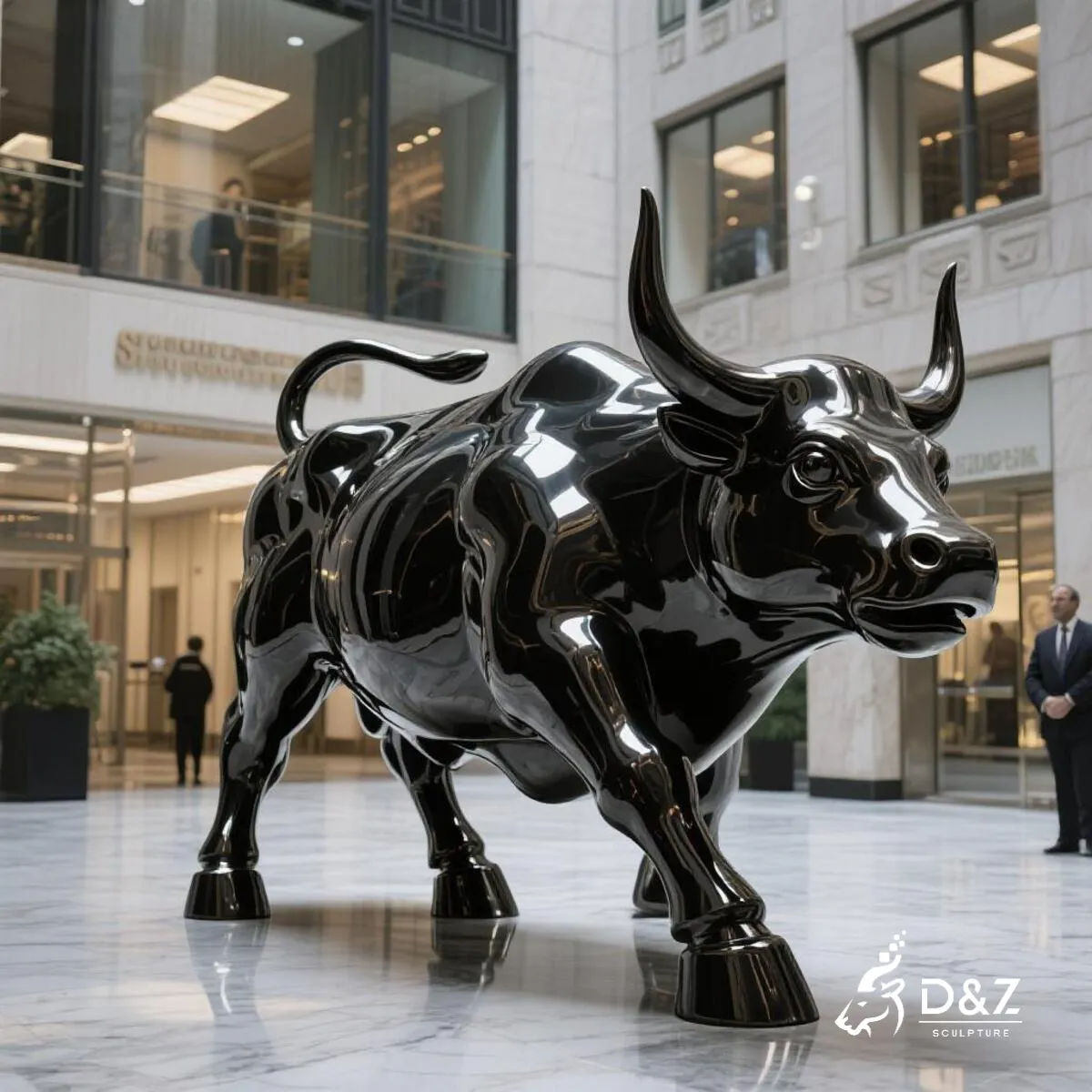 Custom wall street bull statue, metal black bull statue, crafted in stainless steel, mirror polished surface, gardens, pools, plazas, or hotels