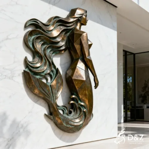 Custom large mermaid wall sculpture, crafted in stainless steel or bronze, aquarium, hotels, coastal, ocean-themed parks, resorts, mall, marine decor-1