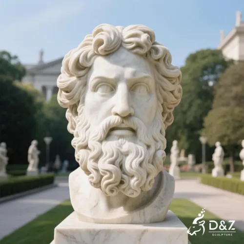Marble Zeus face sculpture, crafted in premium natural marble, timeless finish, urban hotel, indoor and outdoor installation-1