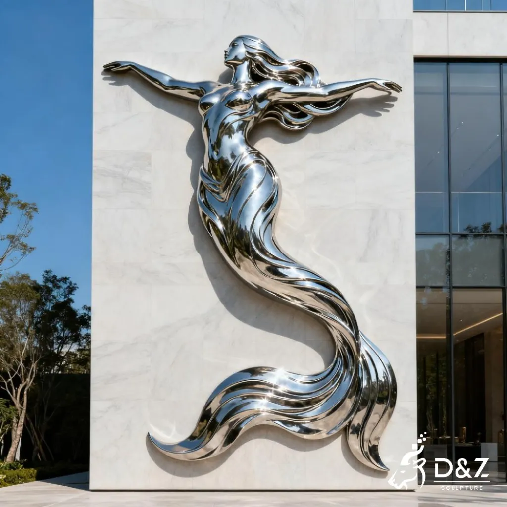 Outdoor Large Mermaid Wall Sculpture Art for Sale DZN335 Custom large mermaid wall sculpture, crafted in stainless steel or bronze, aquarium, hotels, coastal, ocean-themed parks, resorts, mall, marine decor-2