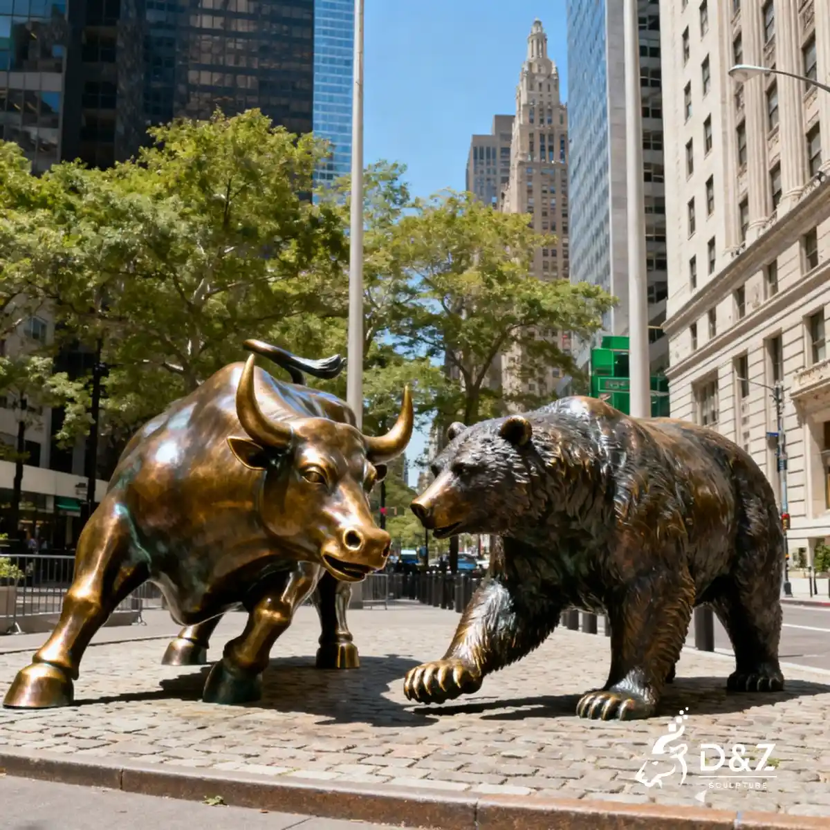 Large bronze wall street bull statue, wall street bull bear statue, cast by lost-wax method, polished surface, outdoor public decoration