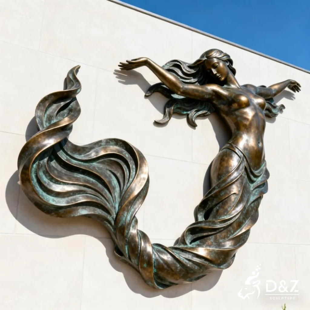 Outdoor Large Mermaid Wall Sculpture Art for Sale DZN335 Custom large mermaid wall sculpture, crafted in stainless steel or bronze, aquarium, hotels, coastal, ocean-themed parks, resorts, mall, marine decor-5