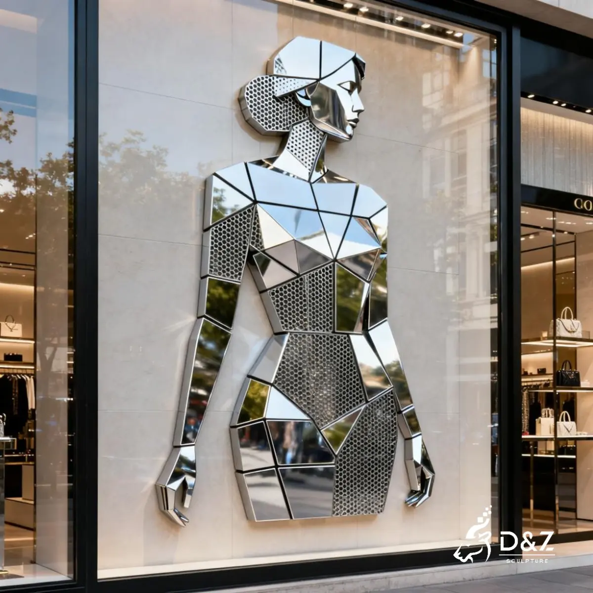 Custom Human Wall Sculpture, Metal Woman Wall Sculpture, crafted in stainless steel, geometric hollow design, mirror polished surface, outdoor and indoor spaces