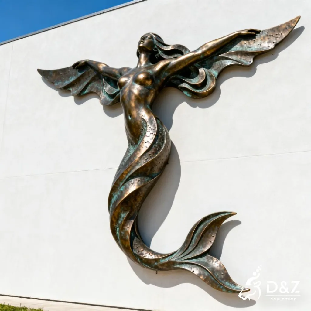 Outdoor Large Mermaid Wall Sculpture Art for Sale DZN335 Custom large mermaid wall sculpture, crafted in stainless steel or bronze, aquarium, hotels, coastal, ocean-themed parks, resorts, mall, marine decor-3