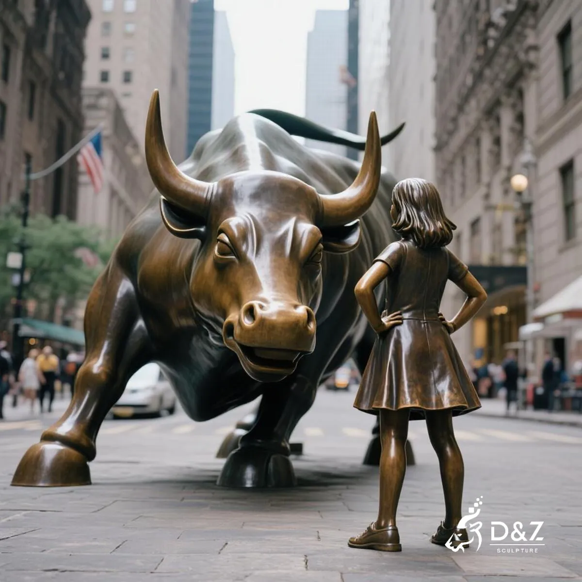 Large bronze wall street bull statue, bull and girl statue on wall street, cast by lost-wax method, polished surface, outdoor public decoration