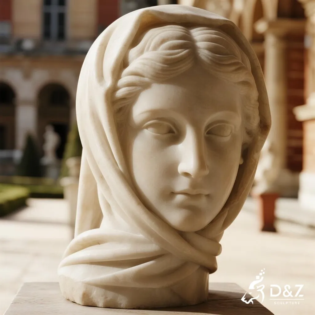 Custom Marble Woman Veiled Face Sculpture for Garden DZN328 14 Marble veiled face sculpture, crafted in premium natural marble, timeless finish, urban hotel, indoor and outdoor installation-1