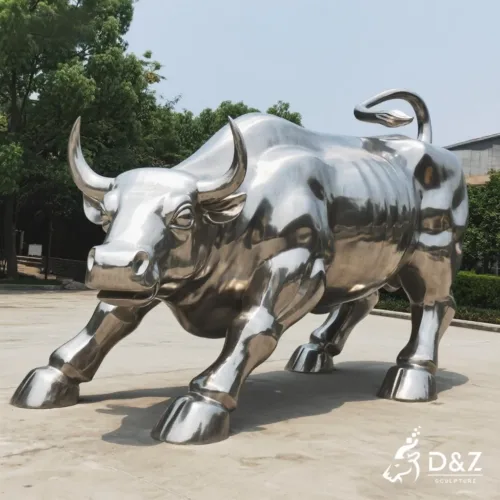 Custom metal Wall Street charging bull sculpture, crafted in stainless steel, mirror polished surface, gardens, pools, plazas, or hotels-1