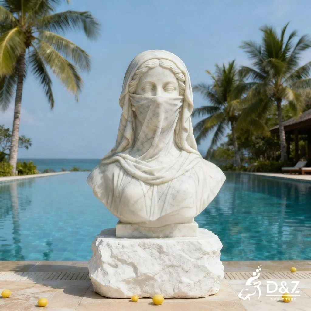 Custom Marble Woman Veiled Face Sculpture for Garden DZN328 11 Marble veiled face sculpture, crafted in premium natural marble, timeless finish, urban hotel, indoor and outdoor installation-3