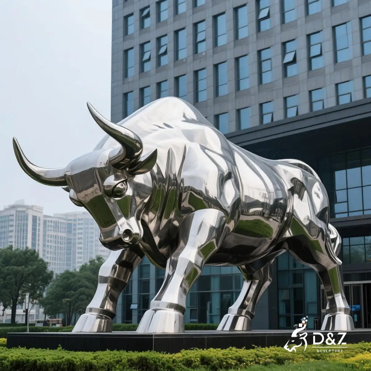 Customwall street bull statue, wall street charging bull sculpture, crafted in stainless steel, mirror polished surface, gardens, pools, plazas, or hotels