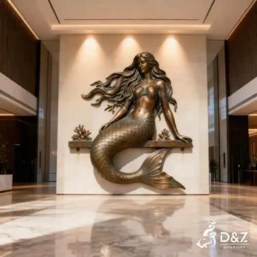 Outdoor Large Mermaid Wall Sculpture Art for Sale DZN335 29 Custom large mermaid wall sculpture, crafted in stainless steel or bronze, aquarium, hotels, coastal, ocean-themed parks, resorts, mall, marine decor-6