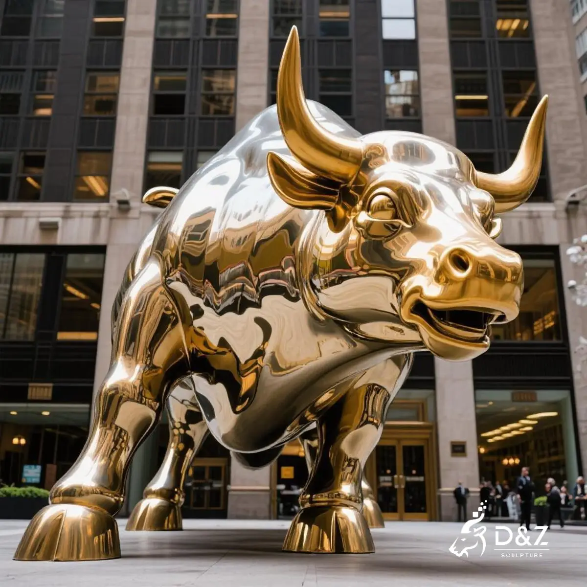 Customwall street bull statue, metal golden bull statue, crafted in stainless steel, mirror polished surface, gardens, pools, plazas, or hotels