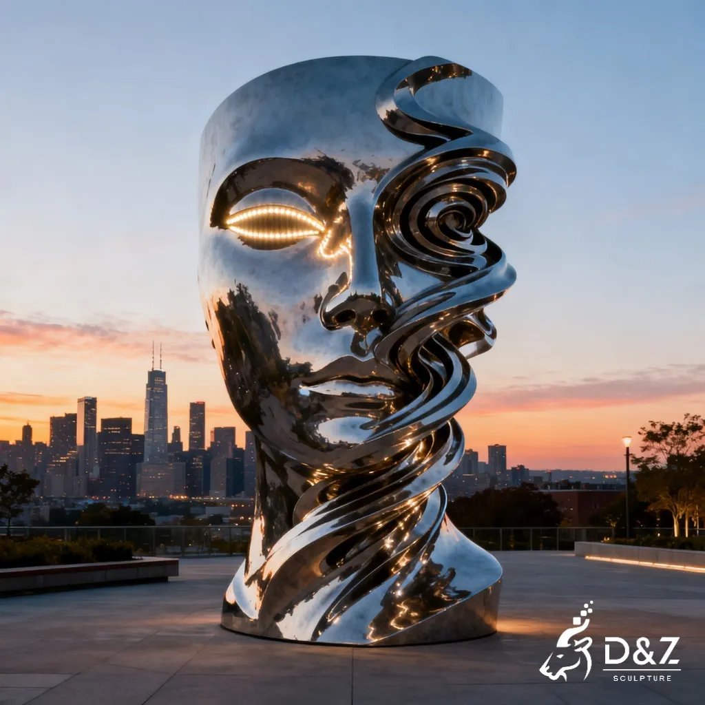 Large Metal Abstract Human Face Sculpture for Sale DZN330 13 Custom Metal Abstract Human Face Sculpture, crafted in stainless steel, mirror polished surface, gardens, villas, plazas, or hotels-4