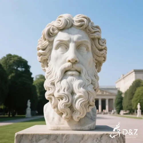 Marble Zeus face sculpture, crafted in premium natural marble, timeless finish, urban hotel, indoor and outdoor installation-2
