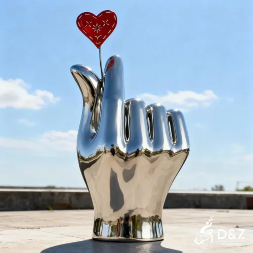 Custom metal I Love You hand sculpture, crafted in stainless steel, mirror polished surface, outdoor and indoor spaces-2
