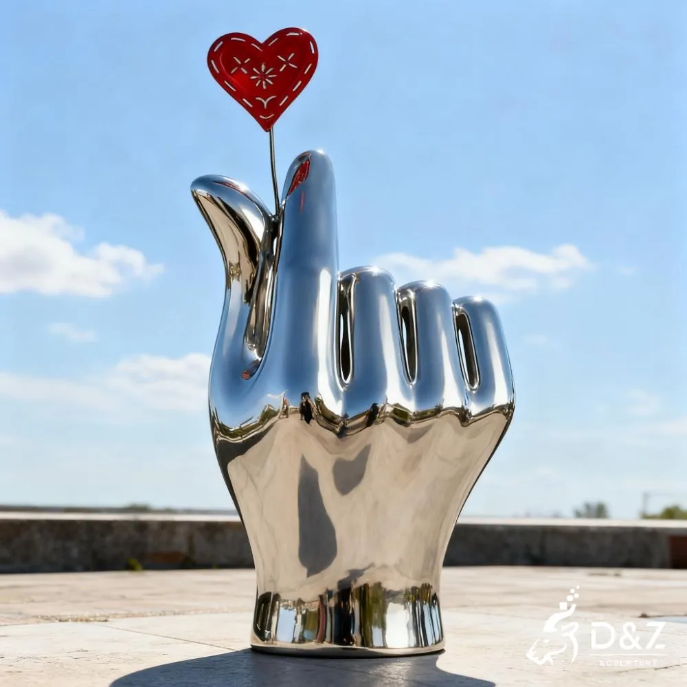 Metal I Love You Hand Sculpture of Sign Language DZN349 10 Custom metal I Love You hand sculpture, crafted in stainless steel, mirror polished surface, outdoor and indoor spaces-2