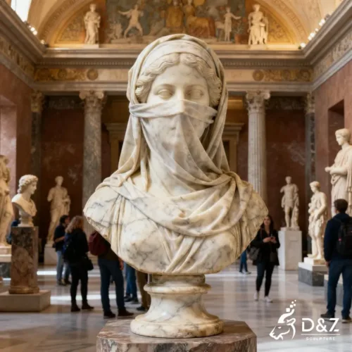 Marble veiled face sculpture, crafted in premium natural marble, timeless finish, urban hotel, indoor and outdoor installation-6
