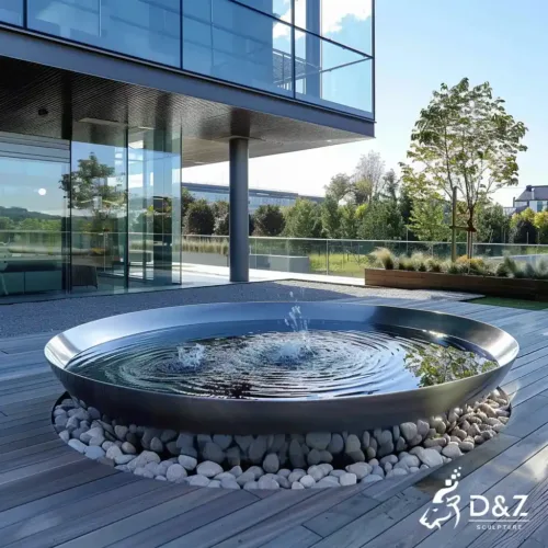 Large metal bowl fountain, crafted in stainless steel, mirror polished surface, gardens, pools, plazas, or hotels-1