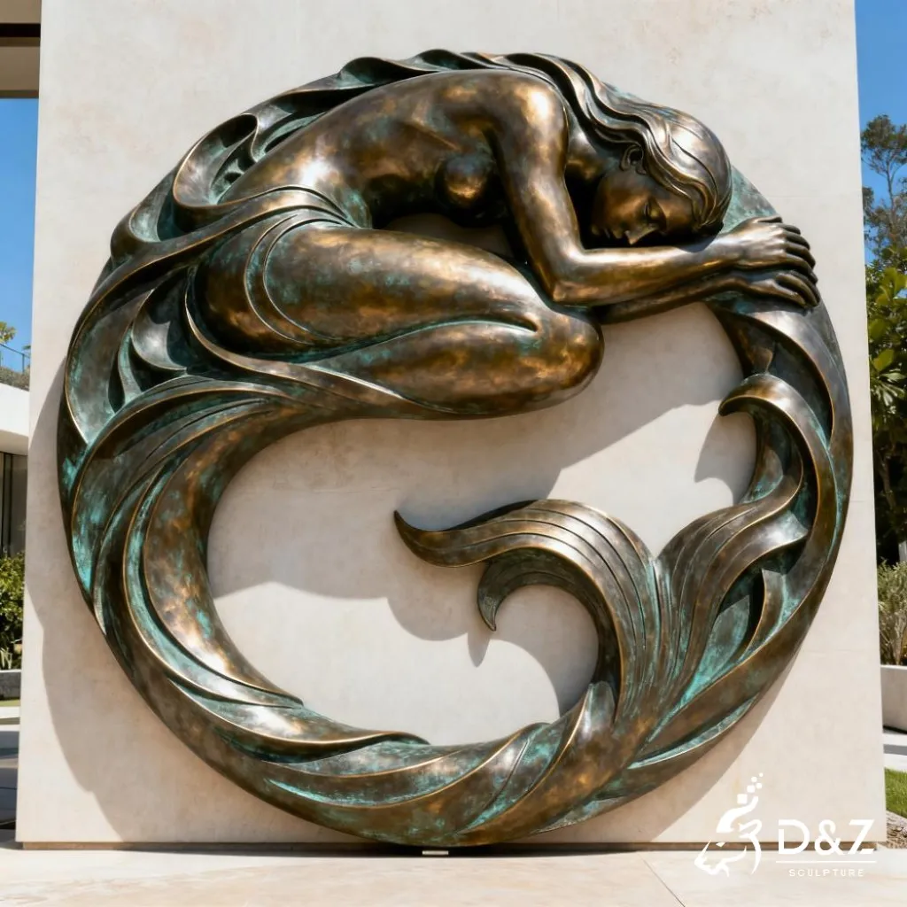 Outdoor Large Mermaid Wall Sculpture Art for Sale DZN335 Custom large mermaid wall sculpture, crafted in stainless steel or bronze, aquarium, hotels, coastal, ocean-themed parks, resorts, mall, marine decor-7