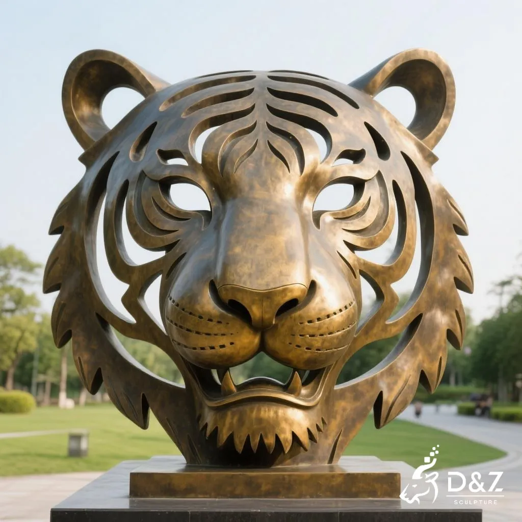 Hollow Bronze Tiger Face Sculpture - Animal Face Art DZN327 15 Large bronze tiger face sculpture, cast by lost-wax method, polished surface, outdoor and indoor decoration-7