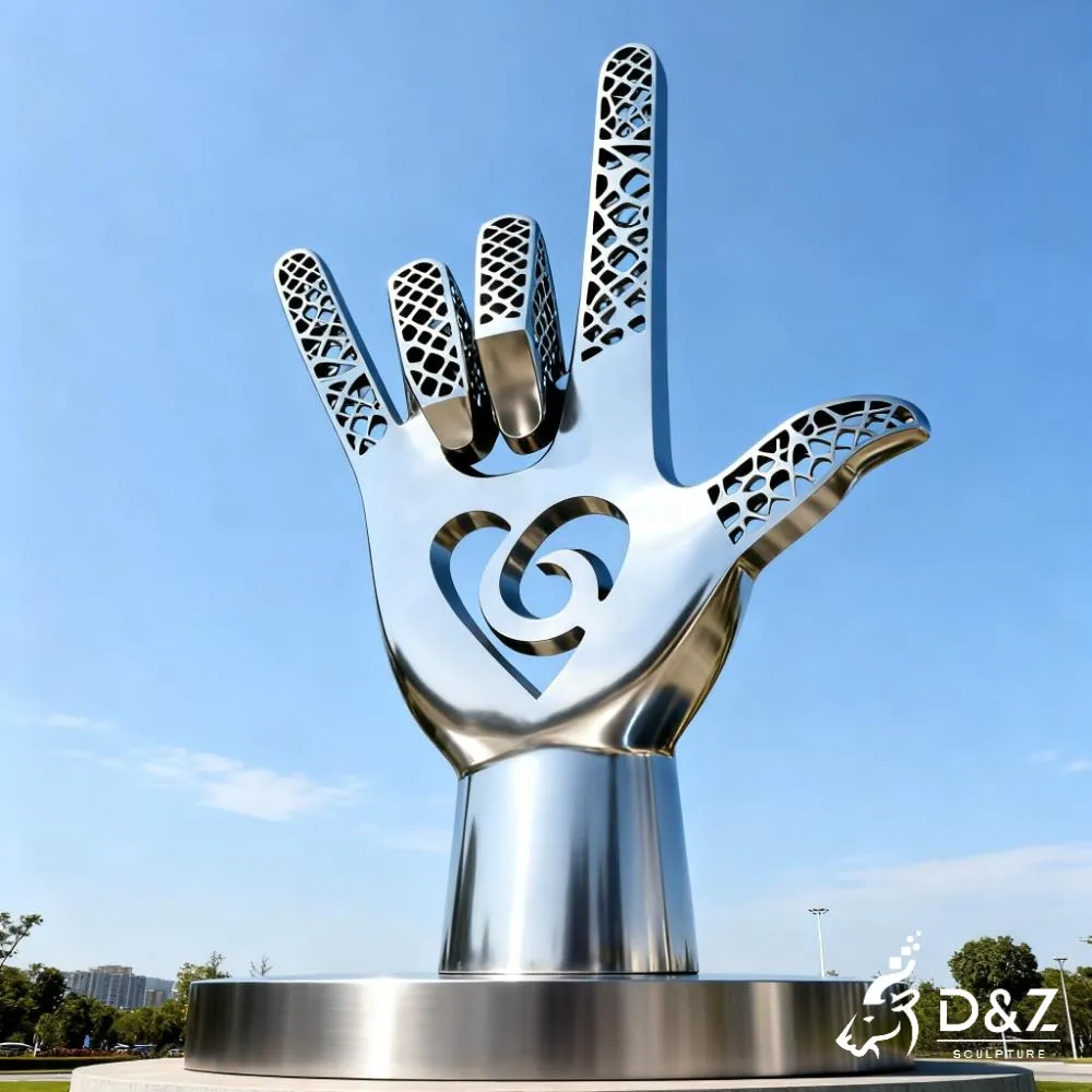 Metal I Love You Hand Sculpture of Sign Language DZN349 12 Custom metal I Love You hand sculpture, crafted in stainless steel, mirror polished surface, outdoor and indoor spaces-5