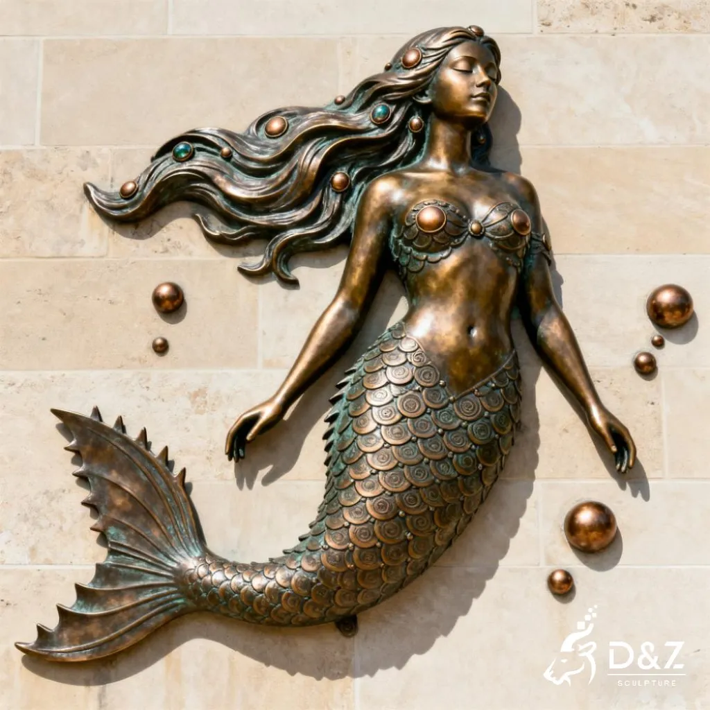 Outdoor Large Mermaid Wall Sculpture Art for Sale DZN335 Custom large mermaid wall sculpture, crafted in stainless steel or bronze, aquarium, hotels, coastal, ocean-themed parks, resorts, mall, marine decor-8