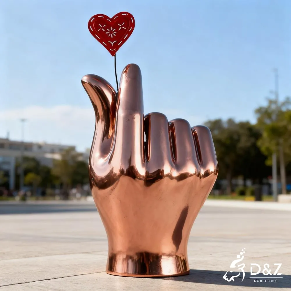 Metal I Love You Hand Sculpture of Sign Language DZN349 13 Custom metal I Love You hand sculpture, crafted in stainless steel, mirror polished surface, outdoor and indoor spaces-6
