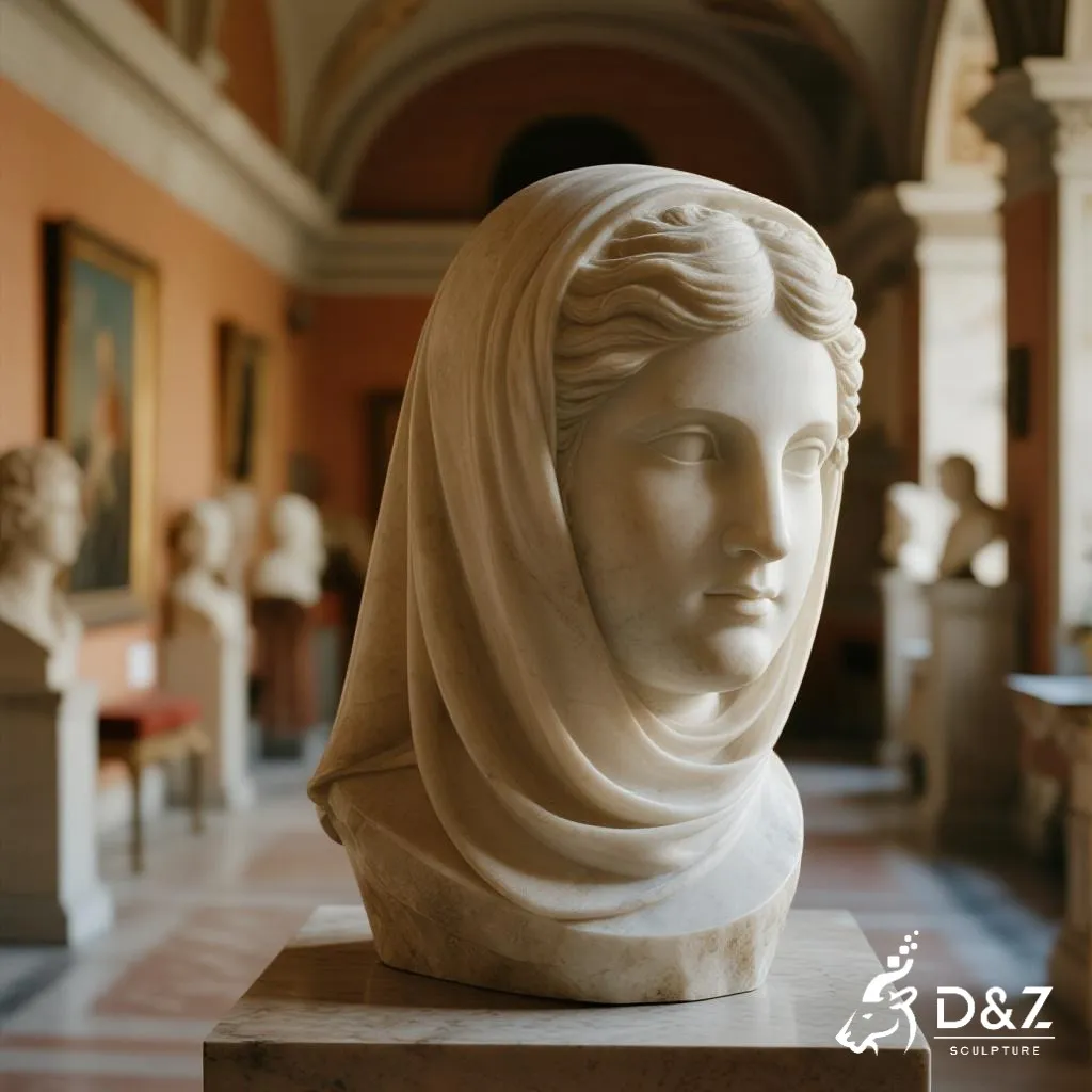 Custom Marble Woman Veiled Face Sculpture for Garden DZN328 12 Marble veiled face sculpture, crafted in premium natural marble, timeless finish, urban hotel, indoor and outdoor installation-8