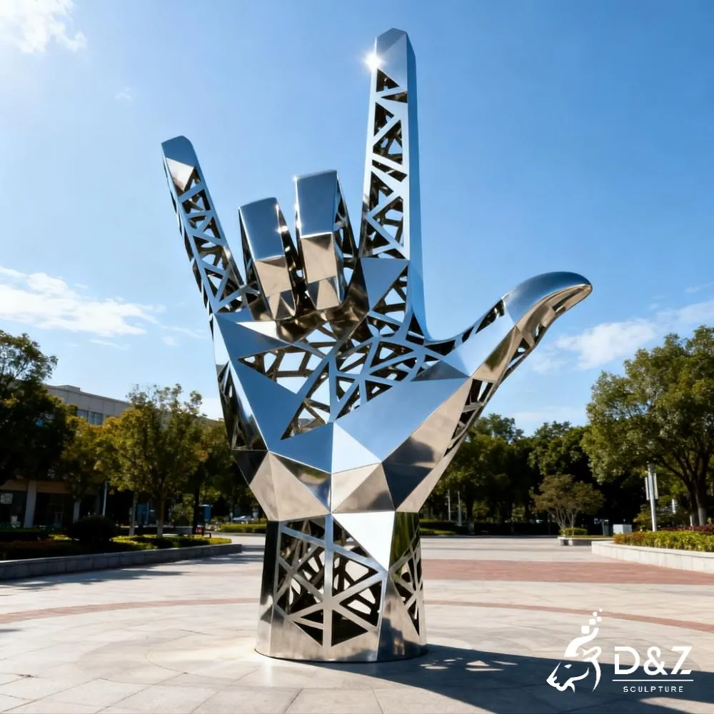Metal I Love You Hand Sculpture of Sign Language DZN349 14 Custom metal I Love You hand sculpture, crafted in stainless steel, mirror polished surface, outdoor and indoor spaces-7