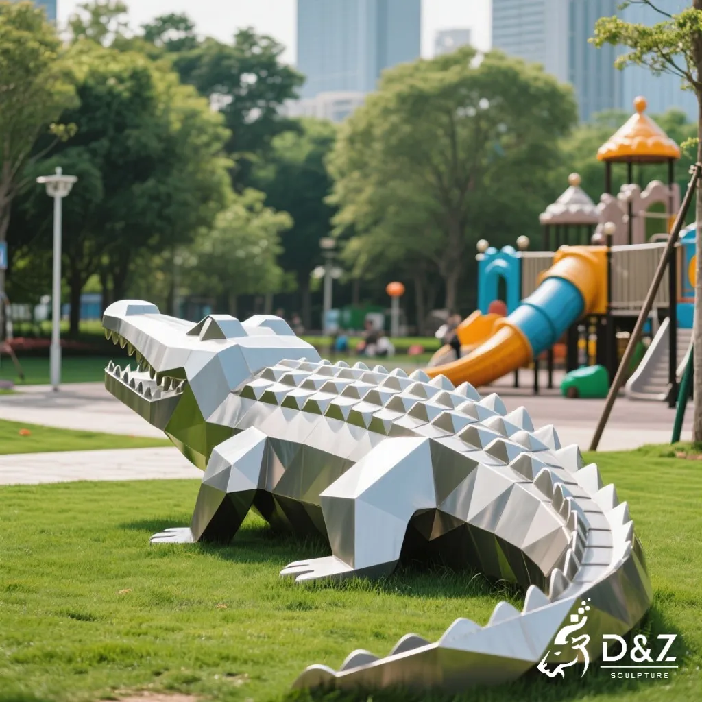 Custom Large Geometric Metal Crocodile Sculpture DZN353 Custom metal crocodile sculpture, crafted in stainless steel, mirror polished surface, outdoor and indoor spaces-2