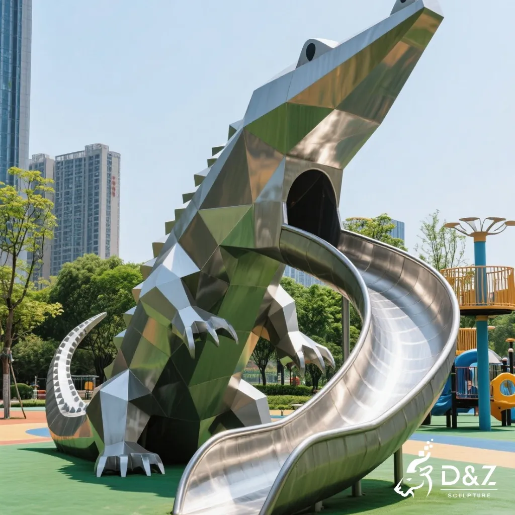 Custom Large Geometric Metal Crocodile Sculpture DZN353 Custom metal crocodile sculpture, crafted in stainless steel, mirror polished surface, outdoor and indoor spaces-5
