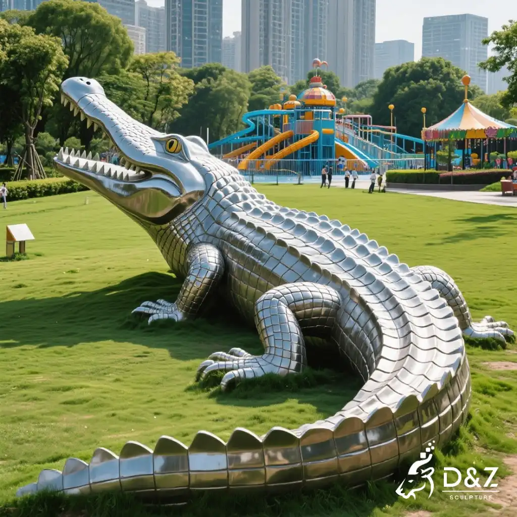 Custom Large Geometric Metal Crocodile Sculpture DZN353 Custom metal crocodile sculpture, crafted in stainless steel, mirror polished surface, outdoor and indoor spaces-8