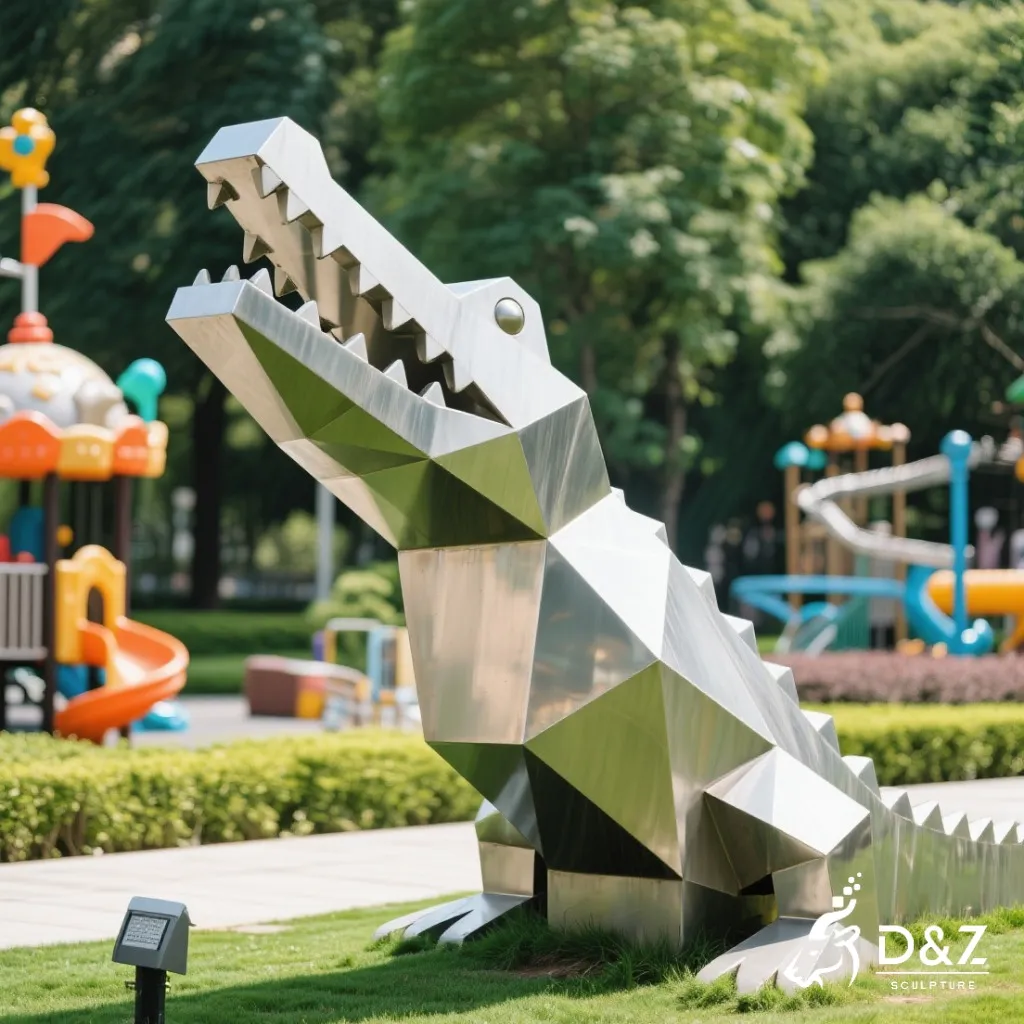 Custom Large Geometric Metal Crocodile Sculpture DZN353 Custom metal crocodile sculpture, crafted in stainless steel, mirror polished surface, outdoor and indoor spaces-9