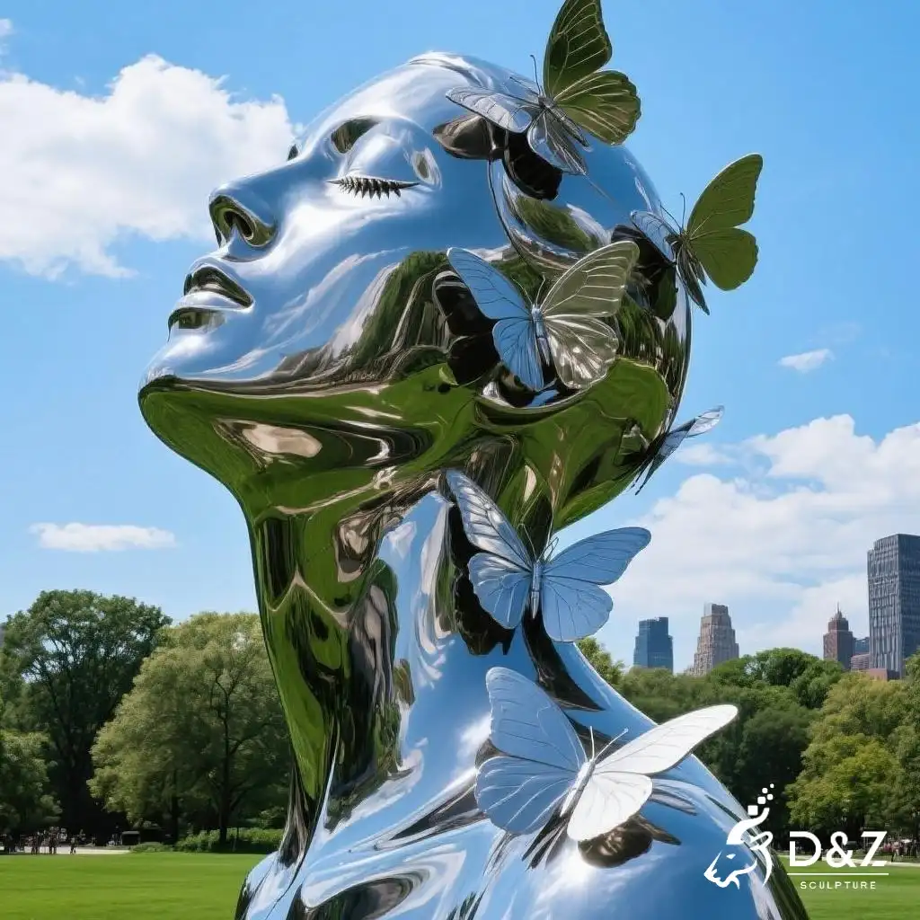 Metal Woman Garden Face Sculpture with Butterfly DZN323 10 Custom Metal Woman Garden Face Sculpture with Butterfly, crafted in stainless steel, mirror polished surface, gardens, villas, museums, plazas, or hotels-2
