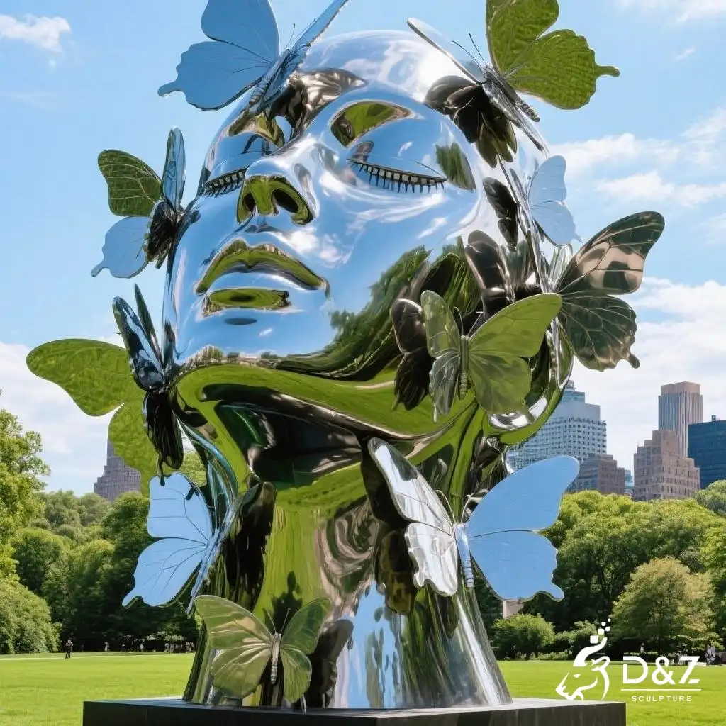 Metal Woman Garden Face Sculpture with Butterfly DZN323 11 Custom Metal Woman Garden Face Sculpture with Butterfly, crafted in stainless steel, mirror polished surface, gardens, villas, museums, plazas, or hotels-3