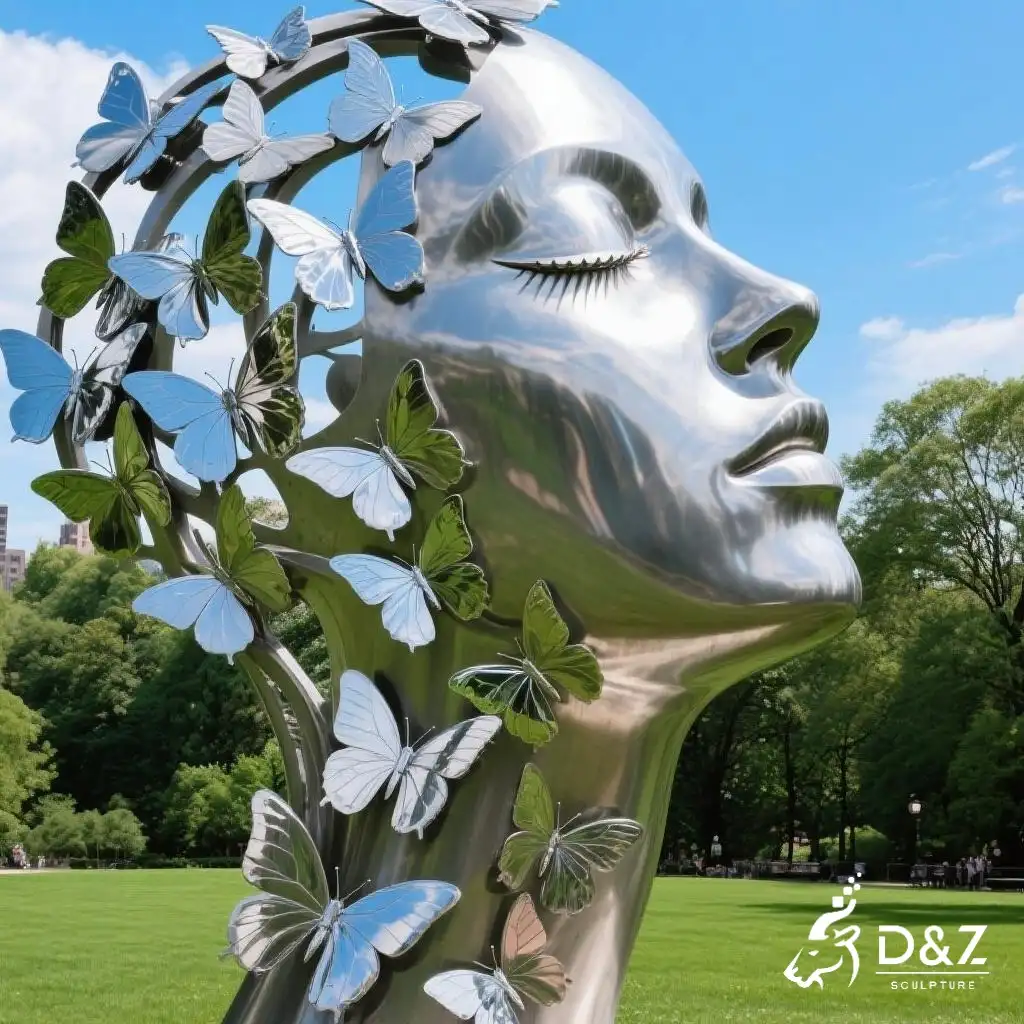 Metal Woman Garden Face Sculpture with Butterfly DZN323 12 Custom Metal Woman Garden Face Sculpture with Butterfly, crafted in stainless steel, mirror polished surface, gardens, villas, museums, plazas, or hotels-4