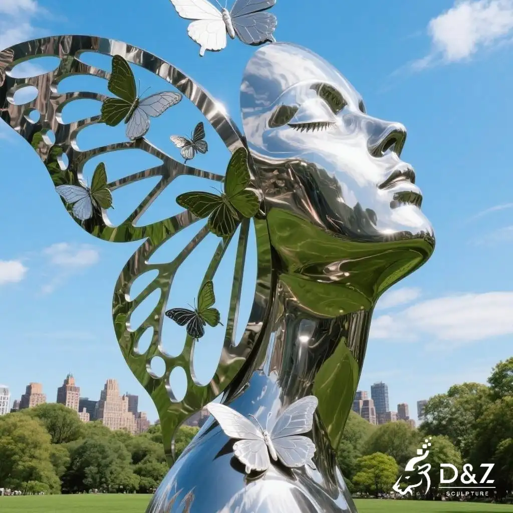 Metal Woman Garden Face Sculpture with Butterfly DZN323 13 Custom Metal Woman Garden Face Sculpture with Butterfly, crafted in stainless steel, mirror polished surface, gardens, villas, museums, plazas, or hotels-5